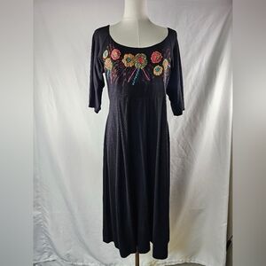 Caite Floral Embroidered 3/4 Sleeve Midi Dress Large Black Boho
